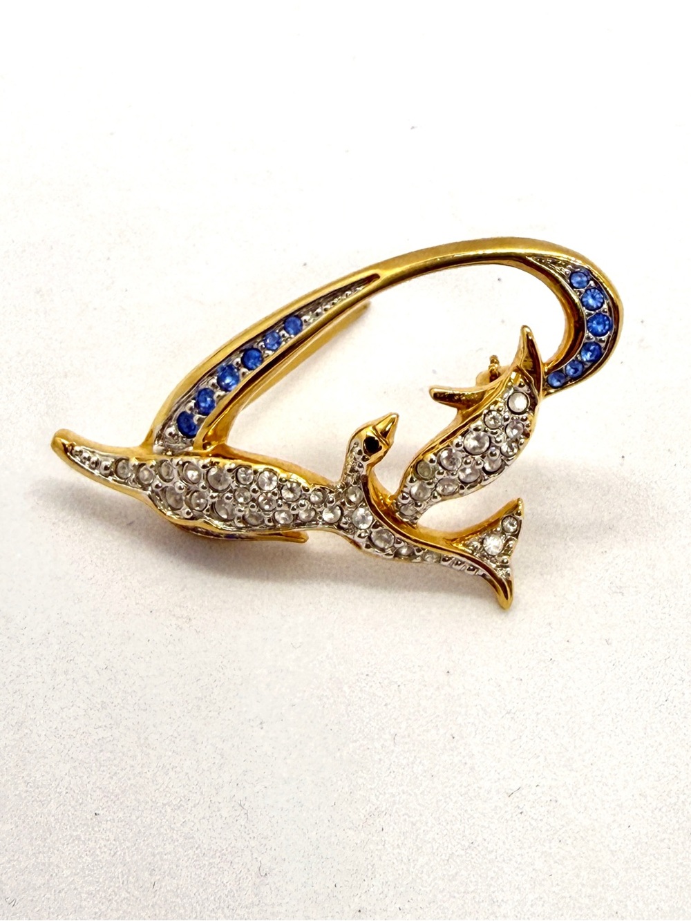 Signed Swarovski Crystal Bird Brooch Blue & Clear Crystal Gold Tone Retired